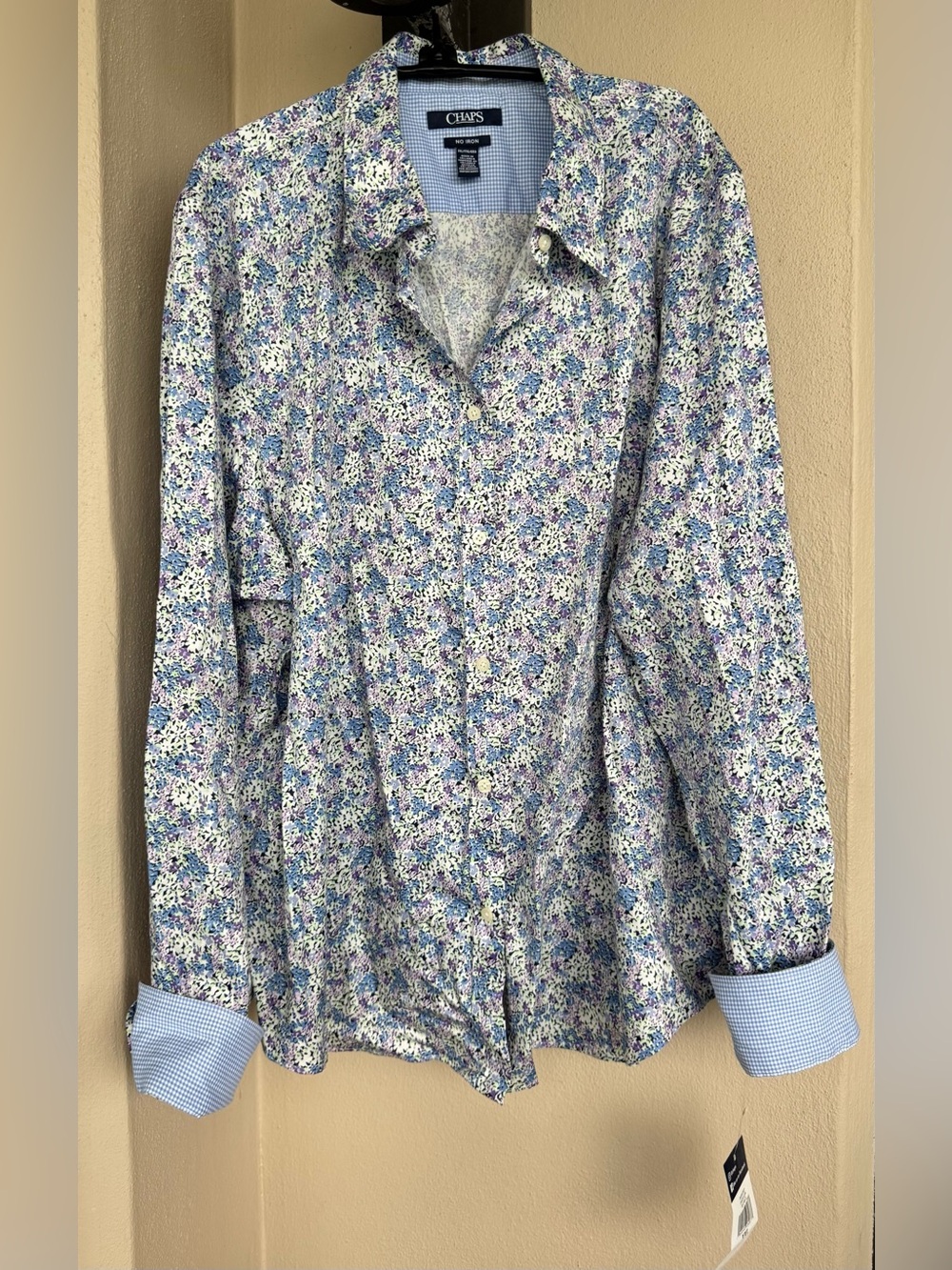 Chaps Women’s Icon Blue Multi Floral No Iron Blouse Cotton Button Up XXL NWT